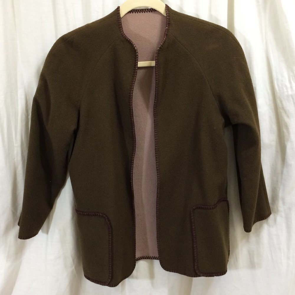 Ellen Tracy Wool Coat Reversible Brown Tan Open Front Size 12 Decorative Stitch